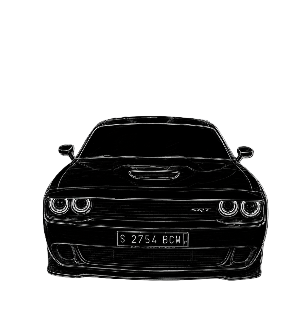 A modern matte black Dodge Challenger V8 parked on a coastal road during blue hour. The street lights reflect off the muscle car's aggressive hood vents and wide stance. The image captures a sense of powerful import performance, embodying the successful execution of an overseas custom commission.